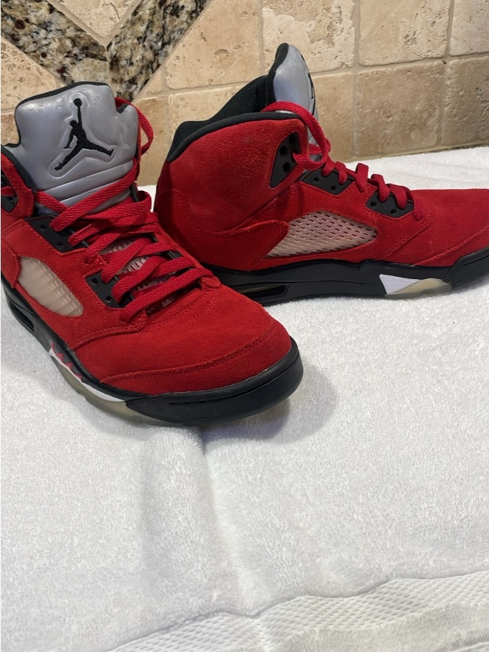 Jordan Men's Red and Black High-Top Sneakers with Silver Tongue